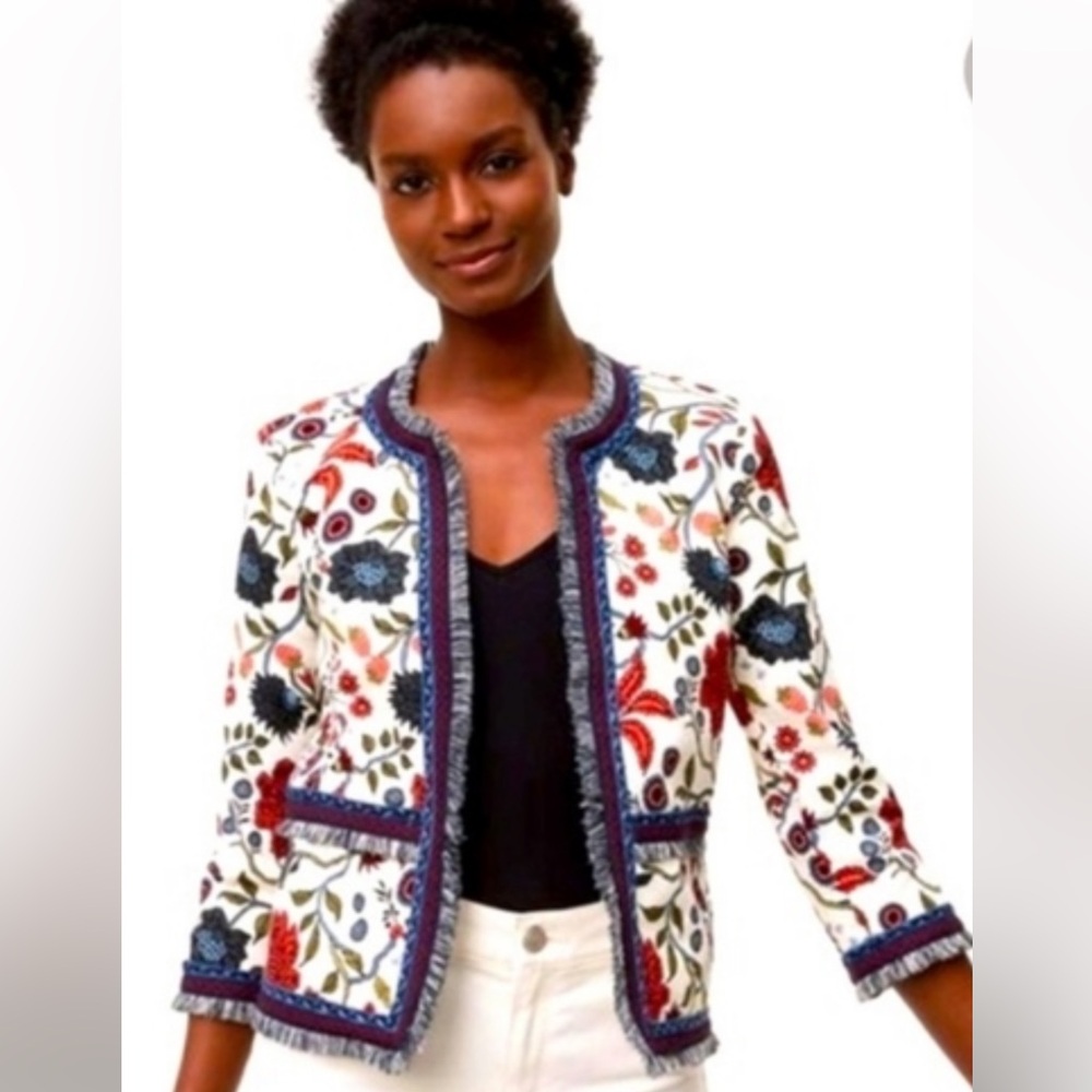 LOFT FUN WHITE FLORAL STRAWBERRY PRINT BLAZER W/ FRINGE TRIM, LINED,‎ BOHEMIAN